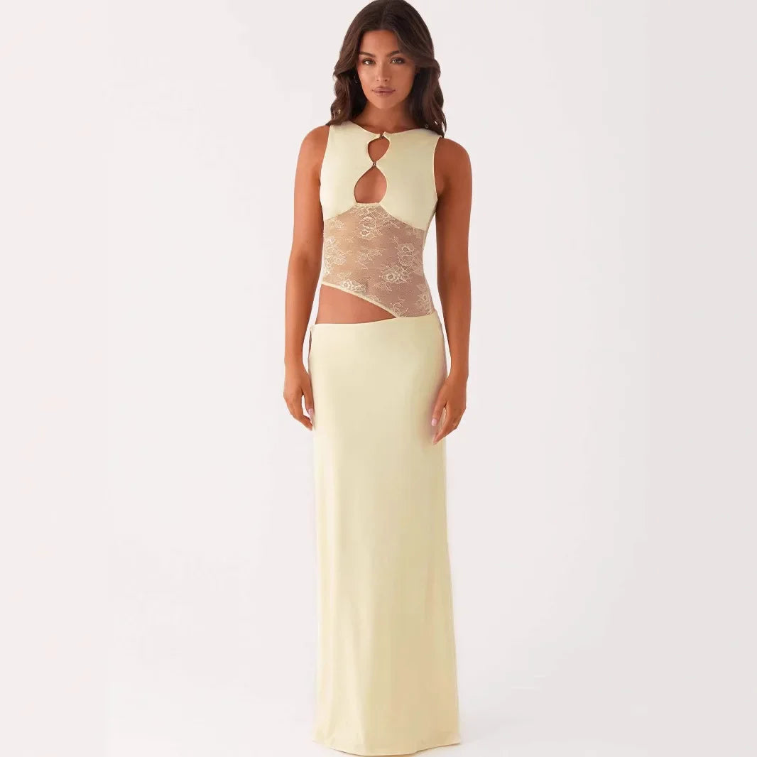 שמלת מקסי תחרה נועזת א-סימטרית דגם בר