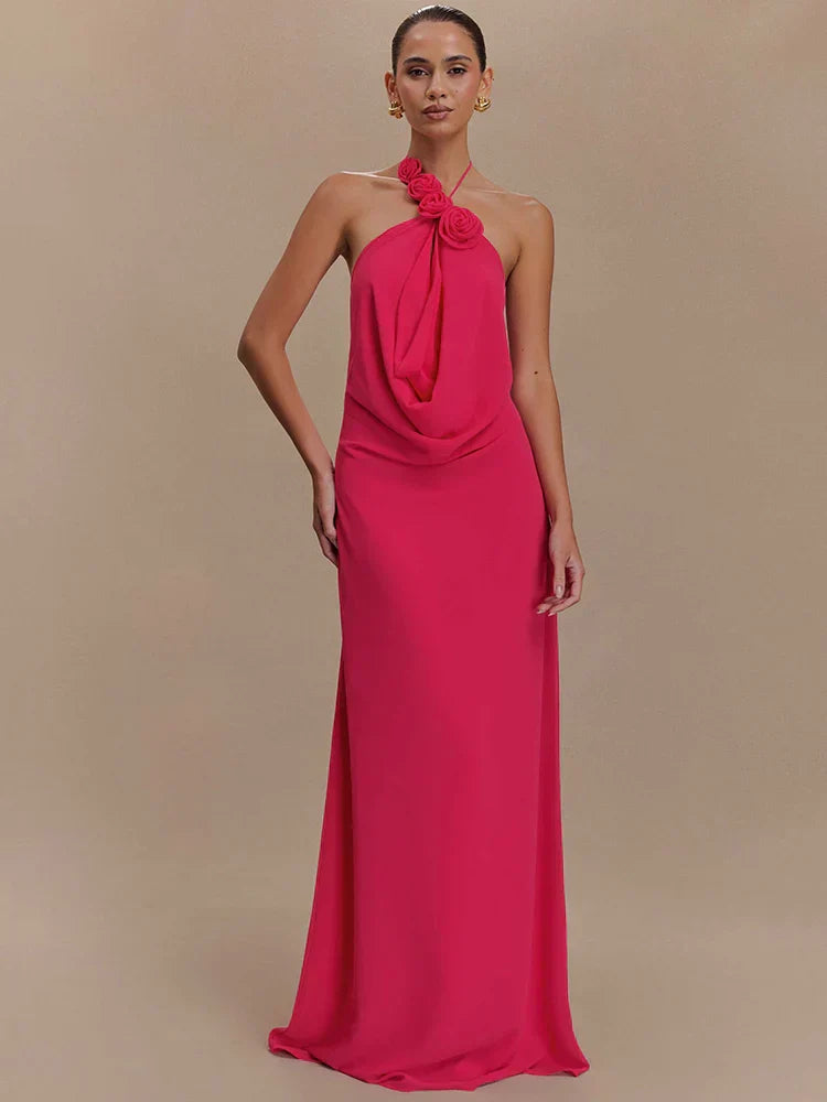 שמלת מקסי הלטר עם כתפיים חשופות וגב פתוח דגם צ'רי